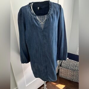 Denim tunic with ruffle neckline